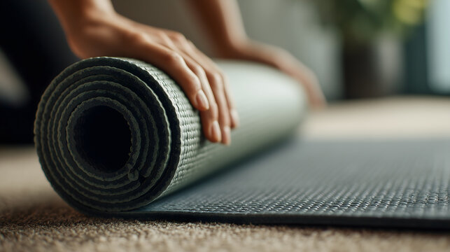 Une personne qui roule un tapis de yoga dans une pi&egrave;ce.