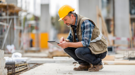 Ing&eacute;nieur de chantier &eacute;crit des notes sur un site de construction.