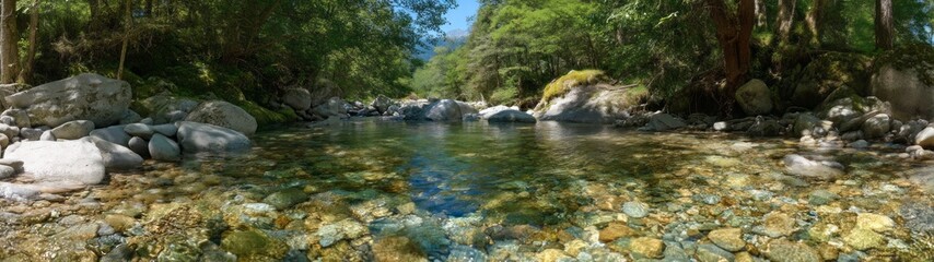 Tranquil river reflection lush forest hdr panorama serene nature scene