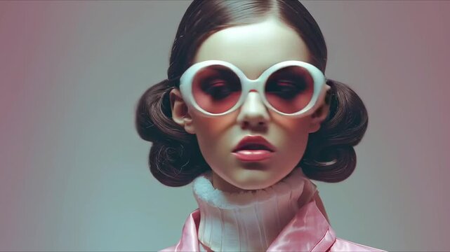 A stylish 3D video image of a beautiful woman close-up wearing striking sunglasses. A graphic resource or standalone element for fashion and style projects
