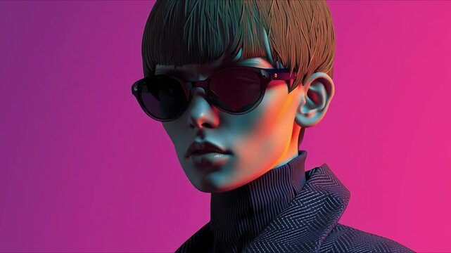 A stylish 3D video image of a beautiful woman close-up wearing striking sunglasses. A graphic resource or standalone element for fashion and style projects