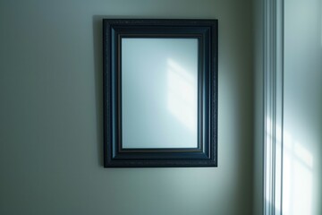 empty black picture frame on green wall with soft window light