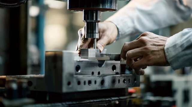 Medium shot showing a skilled technician examining O1 steel emphasizing its balanced hardness and ease of machinability for versatile die manufacturing