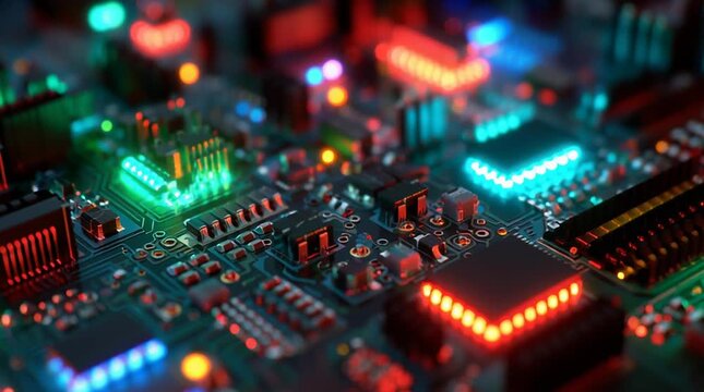 A close up view of a computer circuit board with colorful led lights on it