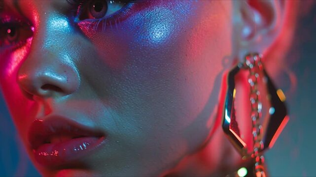Futuristic Neon Glam: Hyper-Real Close-Up of Woman with Holographic Makeup and Reflective Jewelry