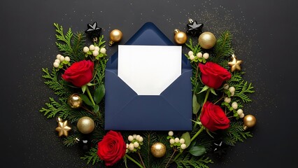 Festive Blue Envelope with Red Roses and Greenery, Perfect for Holiday Greetings and Invitations