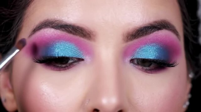 Vibrant eye makeup application with bold color contrast and dramatic lashes