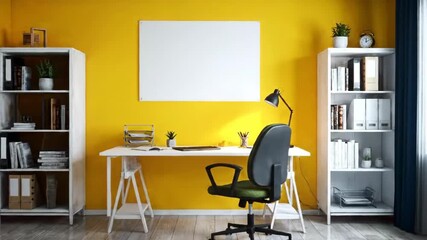 Modern workspace interior with bright yellow walls and desk setup for productivity