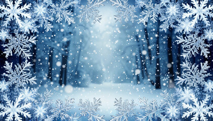 Snowy winter landscape with falling snowflakes in forest  