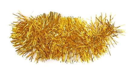 Obraz premium Golden tinsel, Christmas ornament, decoration, isolated on white background, top view