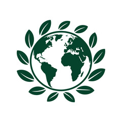 A stylized globe surrounded by green leaves, symbolizing environmental protection and sustainability.