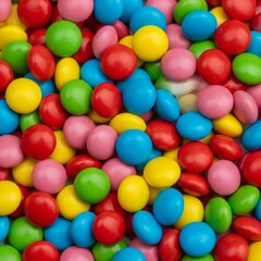 A vibrant assortment of colorful candy-coated chocolate pieces, densely packed together. The scene showcases a variety of colors including red, blue, yellow, green, and pink.