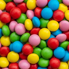 A vibrant assortment of colorful candy-coated chocolates scattered across a surface. The candies are spherical and come in various bright colors.
