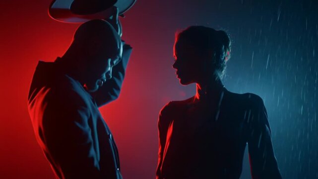 A deeply emotional, dramatic scene of a couple's final meeting before their separation, stylized as a dance. Filmed in a poetic, symbolic style with soft cinematic lighting