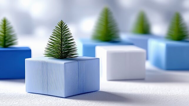 A close-up shot of several miniature Christmas trees placed on blue and white cubes, creating a wintery scene with soft lighting.