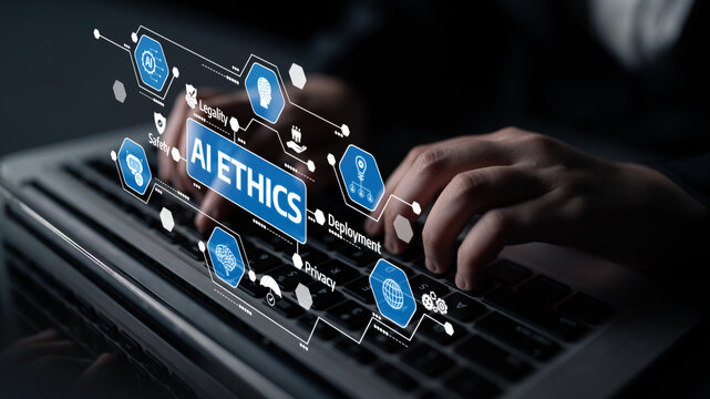 A close-up view of hands typing on a laptop that focuses on the concept of AI ethics, highlighting key terms like privacy, deployment, and responsible technology use in the digital age. Tessel
