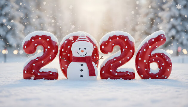 Snowman and red balloon number 2026 for new year celebration. Winter holiday greeting card for Christmas and Winter holidays. - Powered by Adobe