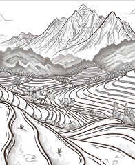 Mountains and rice fields with Engraving hand drawn isolated white background cartoon style thick linelow detailno shading