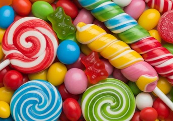 A vibrant assortment of colorful candies, including lollipops and jelly beans, arranged in a playful manner. The image captures a close-up view of the sweets, emphasizing their bright colors