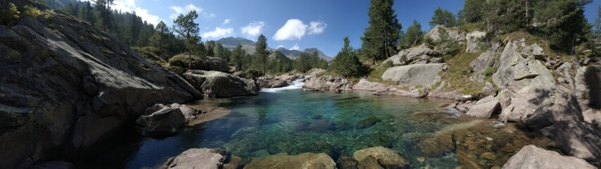 Fototapeta premium Scenic river landscape mountain area hdr panorama natural environment wide view