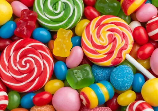 A vibrant assortment of colorful candies including lollipops, gummy bears, and jelly beans arranged in a visually appealing manner. The scene is filled with various shapes and sizes of sweets