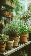 Fototapeta premium Potted green plants, including rosemary and basil, thrive on rustic wooden shelf in garden.