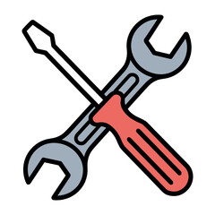 A wrench and a screwdriver crossed together on a white background, symbolizing repair and tools.