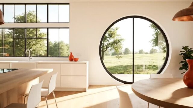 Modern kitchen with island and round window overlooking a serene landscape.