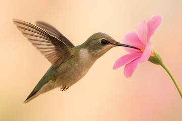 Hummingbird Hovering Near Pink Flower
