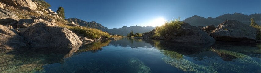 Fototapeta premium Serene mountain lake reflection high altitude hdr panoramic viewpoint in nature