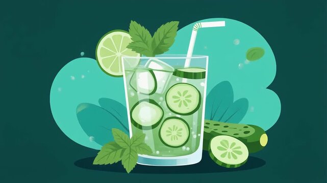 Refreshing Cucumber Cooler: A vibrant illustration showcases a tall glass filled with ice cubes, cucumber slices, mint leaves, and a straw, offering a visual ode to refreshment and healthy hydration.