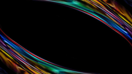 Elegant Abstract Black Background with Dynamic Curved Colorful Glowing Liquid Streaks Forming a Futuristic Oval Frame for Modern Digital Art Design