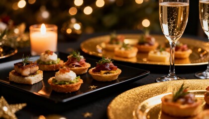 Fototapeta premium Macro shot of gourmet appetizers on black and gold platters with champagne glasses. Warm candlelight and soft bokeh lights create a photorealistic, luxurious New Year celebration scene.