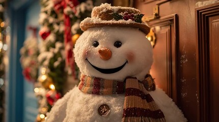 A plush snowman decoration with a scarf and hat in a festive doorway decor - Powered by Adobe