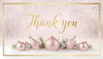 Christmas thank you card with pink ornaments and snowy pine branches. Holiday gratitude concept. Winter season appreciation.