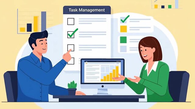 Business professionals discussing task management strategies in modern office environment with computer screen and productivity charts