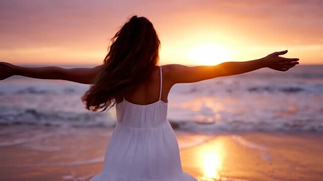 Joyful woman embracing sunset on beach with arms outstretched celebrating freedom and happiness outdoors