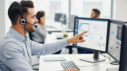Confident male customer service representative wearing headset working at desk with dual monitors in modern office - Powered by Adobe