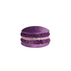 Digital watercolor illustration of a purple macaron on a transparent background, hand-painted with delicate texture and soft pastel colors. Perfect for menus, packaging, stickers, and culinary design.
