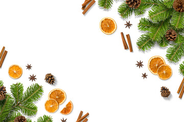Fototapeta premium Christmas composition with green fir branches, dried orange slices, cinnamon sticks, anise and pine cones isolated on a transparent background. Perfect for Christmas and winter designs.