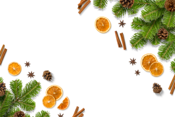 Christmas composition with green fir branches, dried orange slices, cinnamon sticks, anise and pine cones isolated on a transparent background. Perfect for Christmas and winter designs.