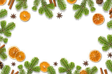 Christmas composition with green fir branches, dried orange slices, cinnamon sticks, anise and pine cones isolated on a transparent background. Perfect for Christmas and winter designs.