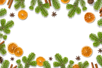 Christmas composition with green fir branches, dried orange slices, cinnamon sticks, anise and pine cones isolated on a transparent background. Perfect for Christmas and winter designs.