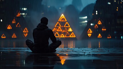 A man in a lotus position meditates in a futuristic, rainy cityscape, surrounded by glowing triangular shapes. The scene is illuminated by artificial lights, cr