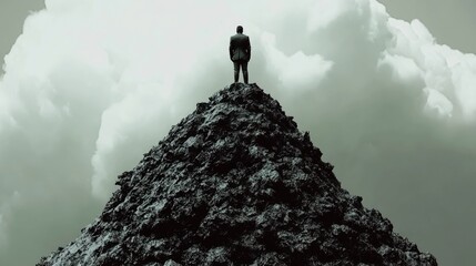A man in a suit stands on top of a rocky mountain, looking out at a cloudy sky. The image evokes a sense of achievement and solitude.