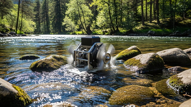 Portable hydroelectric generator with spinning turbine blades on a mossy rock in a river generating clean energy for sustainable technology concept.