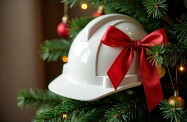 Construction helmet with a red bow on a Christmas tree. New Year's advertising banner for a company providing repair services. Copy space