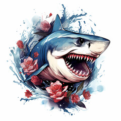 aggressive floral shark water splash illustration
