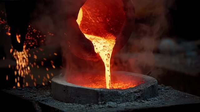 Medium shot of a medium frequency induction melting furnace in operation showcasing efficient metal melting with electromagnetic coil and glowing molten metal inside.