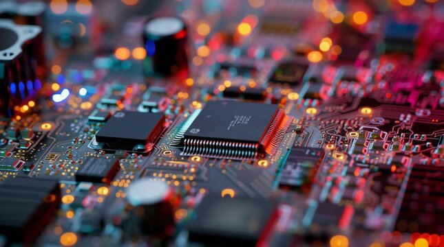 Close up view of a computer circuit board with chips and colorful lights